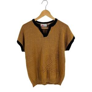 Vintage JBJ Sportswear Knit Short Sleeve Sweater Mustard Black Pullover Size L